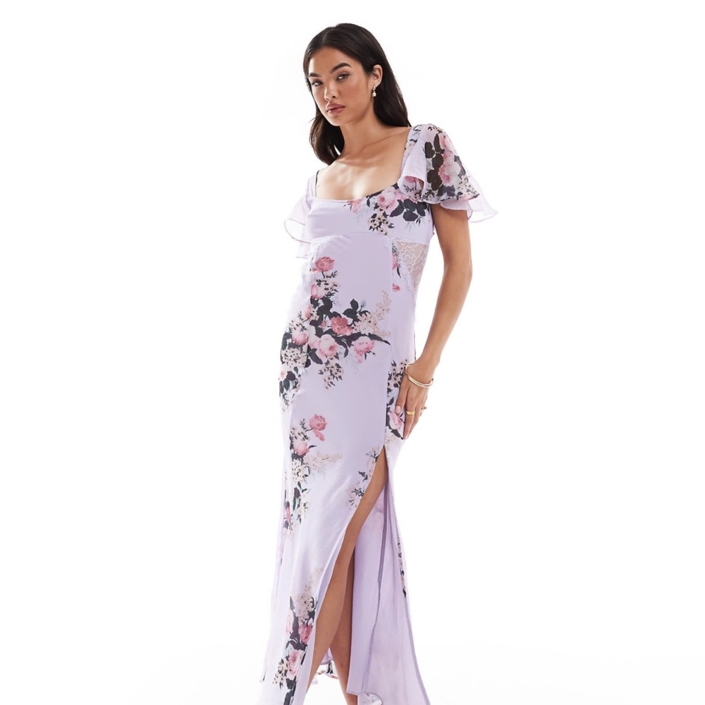 ASOS Lavender Floral Midi Dress with Flutter Sleeve, Lace Inserts and Slit